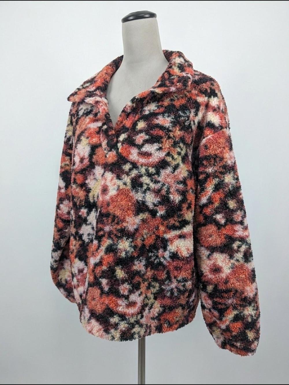LOFT Floral Sherpa Fleece Pullover Jacket Orange Black Size Medium